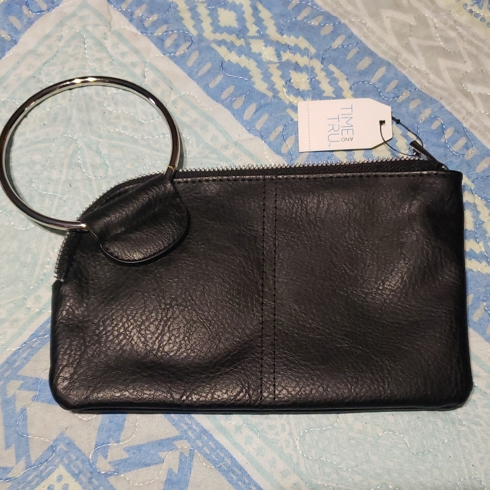 Time and Tru Black Faux Leather Wristlet Clutch